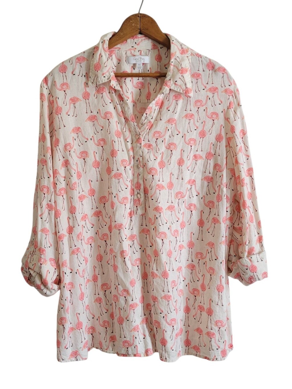 CORAL BAY Linen/Rayon Half Button Down Pullover 1X